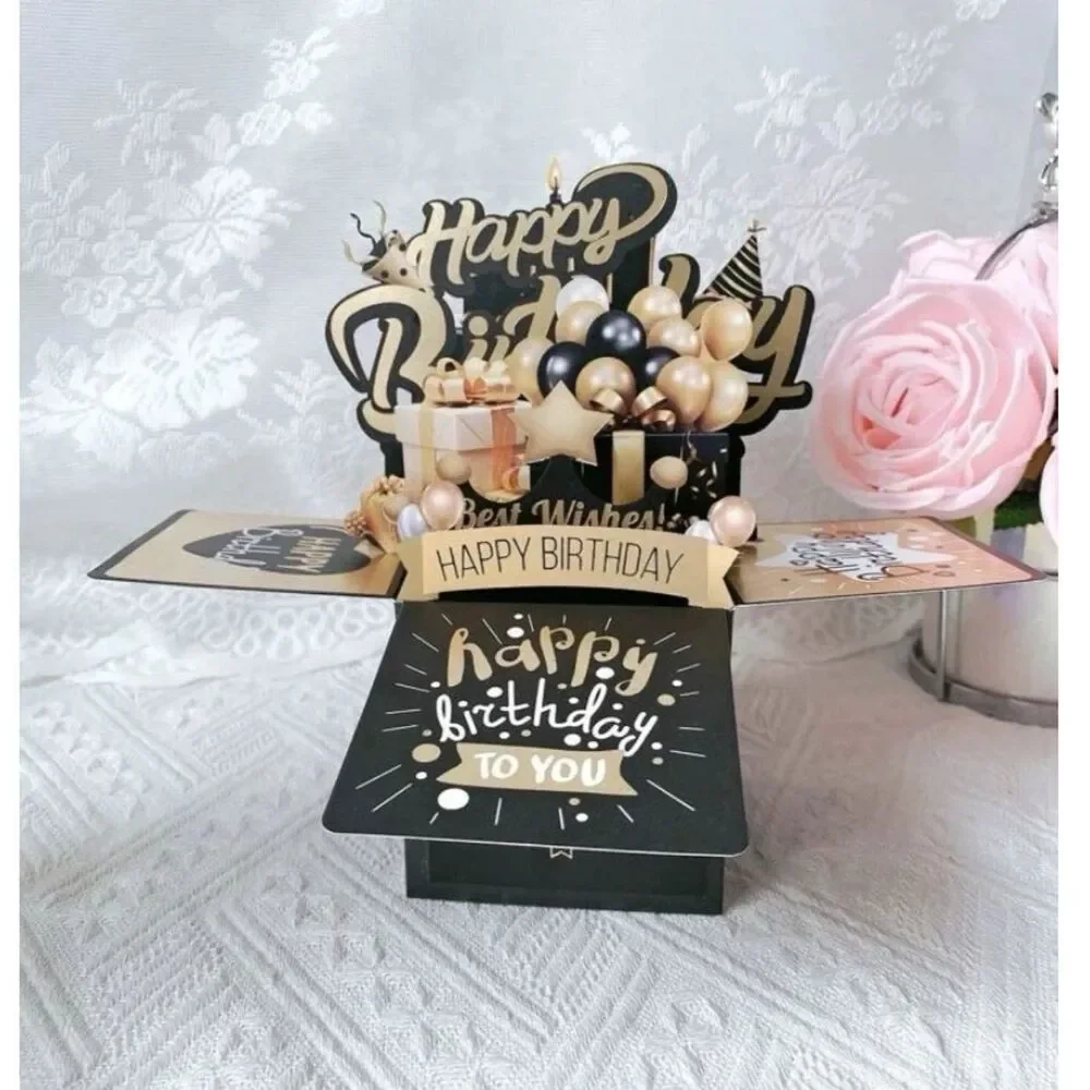 3D Pop-Up Greeting Card Black Gold Balloon Birthday Father Mother Office